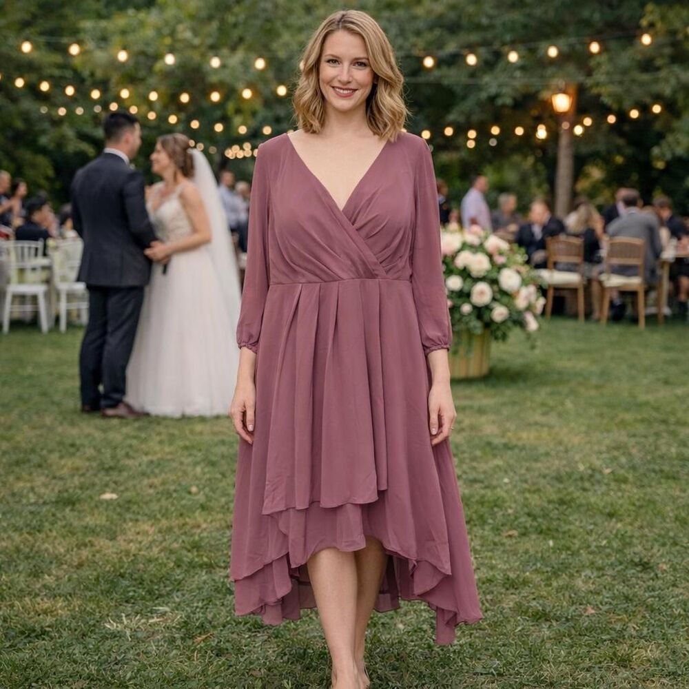 Midi Dress 2X 2XL Mauve Pink V Neck Chiffon Bodice Wedding Cocktail Asymmetrical